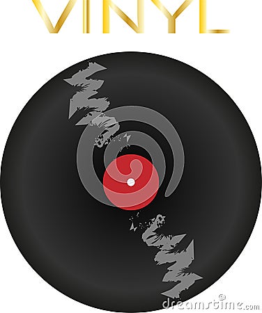 Vinyl record in black with a red center and the word vinyl in gold letters Vector Illustration